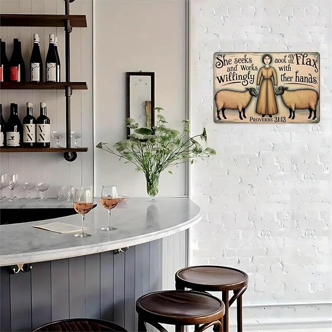 She Seeks And Works Tin Sign Vintage Proverbs 3113 Woman Sheep Metal Sign Print Aesthetic for Garden Yard Bar Porch Home Bedroom Kitchen Wall Decor Gift 8 X 12 in