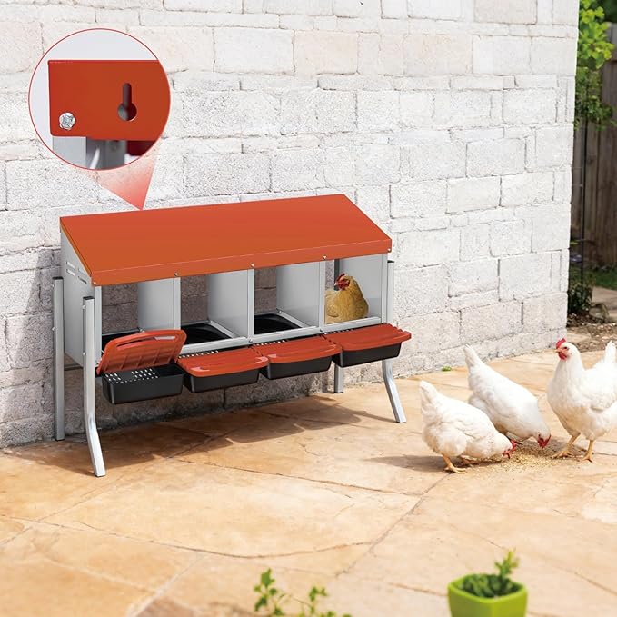 Chicken Nesting Boxes with Rollout Egg Collection – 4-Compartment Metal Hen Nest Box with Removable Trays, Slanted Roof & Ventilation, Wall Mount or Standing for Backyard Poultry Coop, Orange
