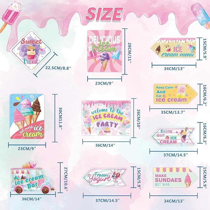 WERNNSAl 10PCS Ice Cream Party Decorations - Ice Cream Sign Birthday Party Supplies for Girls Kids Colorful Summer Theme Party Wall Art Decor for Home Garden Yard Decorations