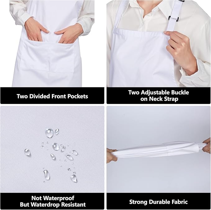 Jubatus 4 Pack 100% Cotton Aprons with 2 Pockets Cooking Chef Kitchen Adjustable Bib Apron for Women Men, White