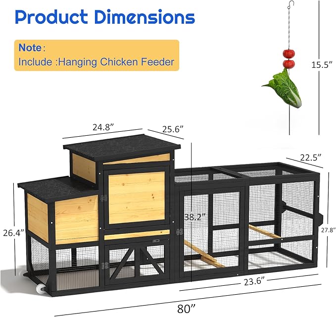 80" Chicken Coop for 2-4 Chickens with Wheels, Outdoor Wooden Hen House w/Nesting Box & Run Cage, Weatherproof for Backyard Poultry Pet Hutch, Removable Tray and Hanging Chicken Feeder