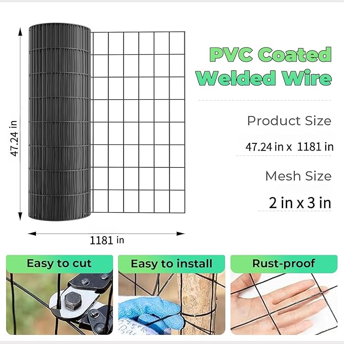 (40 in x 50 ft) Garden PVC Welded Wire Fence, Mesh Size 2 in x 3 in, 16-Gauge Welded Wire Fence, Poultry Protection Animal Fence, Includes Gloves and Pliers