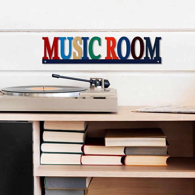 Metal Music Room Sign Wall Decor, Vintage Music Signs Home Decor, Musical Decor for Bedroom Living Room Man Cave Studio, Musical Gifts 3.7 x 14.5 inches