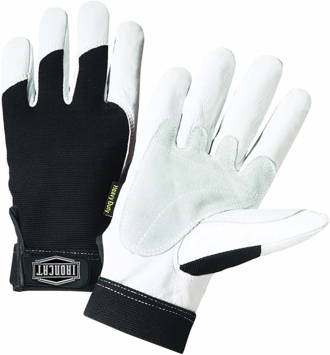 Ironcat Heavy Duty Top Grain Goatskin Leather Glove with Spandex Back, Reinforced Palm, Hook & Loop Closure, White/Black