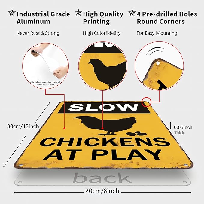 Slow Sign Chickens at Play Chicken Crossing Warning Sign 8x12 Inch Funny Sign, Chicken Coop, Yard, House Decor - Weather Resistant Fade UV Resistant