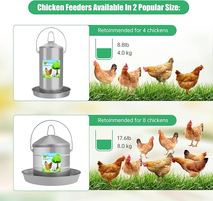 Automatic Chicken Feeder 4KG/8.8lbs, Heavy Duty Stainless Steel Reliable Long-Lasting Poultry Feeder with Handle, High Strength Structure 0.035 Inch/0.9mm Metal Thickness