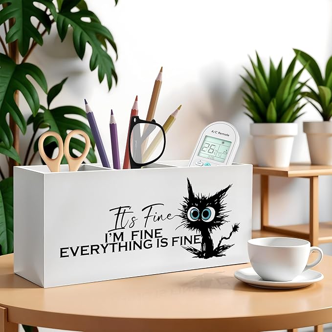 Funny Black Cat Pencil Pen Holder for Desk, I'm Fine Everything Is Fine Wooden Pencil Holder Organizer for Home Office Desk Accessories, Funny Office Gifts for Coworkers