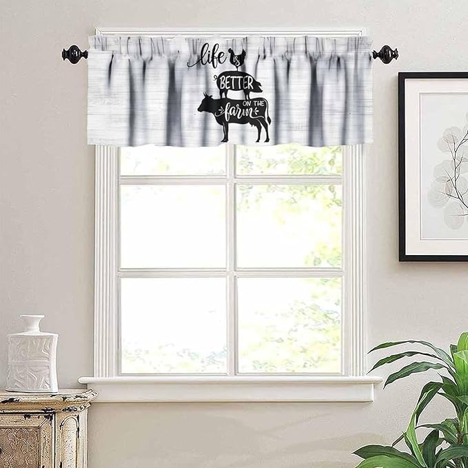 Farm Animals Valance Curtains White Rustic Retro Wooden Board Black Silhouette Cow Pig Rooster Art Print Rod Pocket Curtain Valance for Kitchen Bedroom Living Room Decor 1 Panel W54xL18 Inch