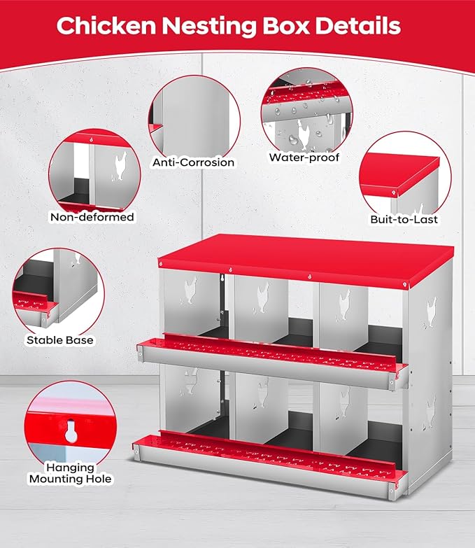 Egg Protection & Sturdy Build - Metal Chicken Nesting Box for Small Animals - 6 Compartments, Wall Mounted, Easy Egg Collection, No Legs - Orange Red, 6 Compartments, No Legs