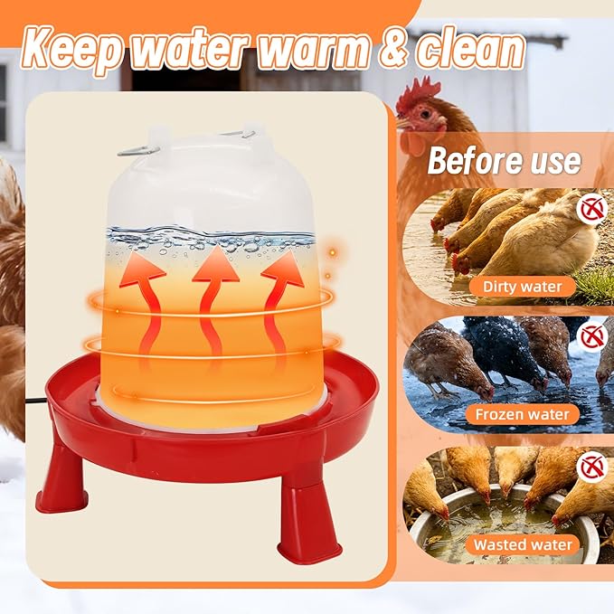 Heated Chicken Waterer 6L Thermostatically Controlled Poultry Water Heater with Overheating Protection, Galvanized Steel Handle Automatic Heated Poultry Drinker for Coop Chickens, Ducks, Geese (Red)