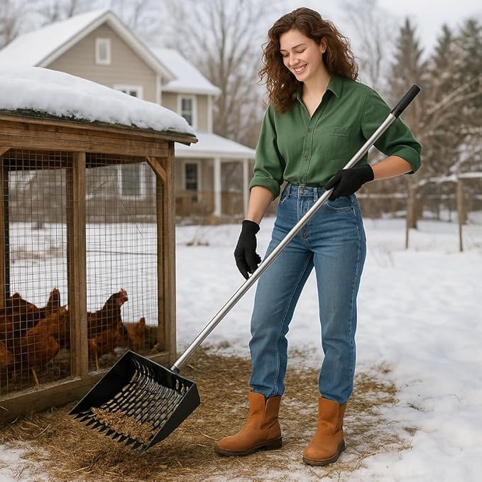 Large Metal Chicken Poop Scooper – Heavy Duty Coop Scoop with Serrated Edge, Adjustable Stainless Steel Handle 35'' to 66'', Rake & Sifting Shovel for Chicken Coops