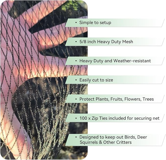 Heavy Duty Bird Netting 15x15Ft – Chicken Netting & Poultry Netting for Coops, 1/2" UV-Resistant Mesh | Blocks Squirrels, Hawks, Berry & Pond Protection