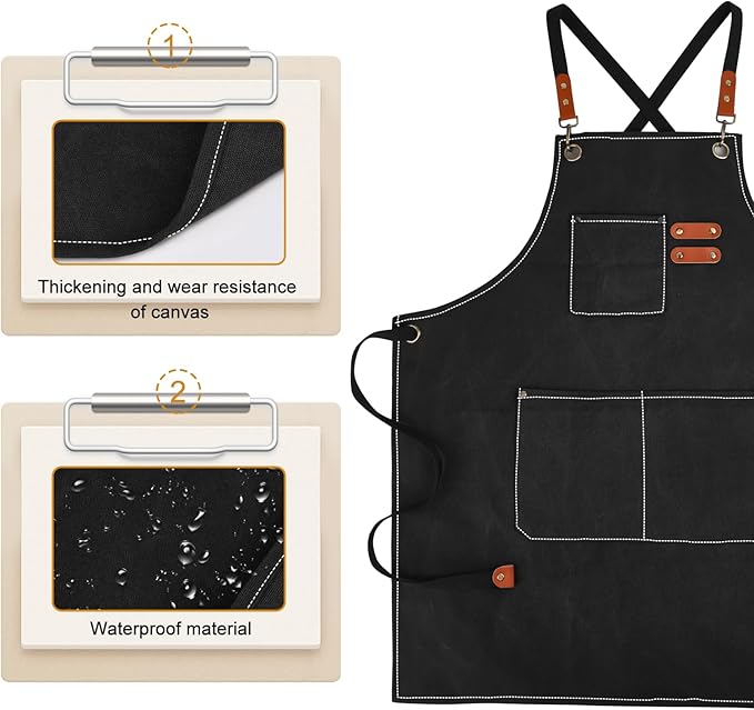 Cross-Back Chef Aprons for Men Women with Pockets,Cotton Canvas Adjustable Cooking Work Apron for Kitchen