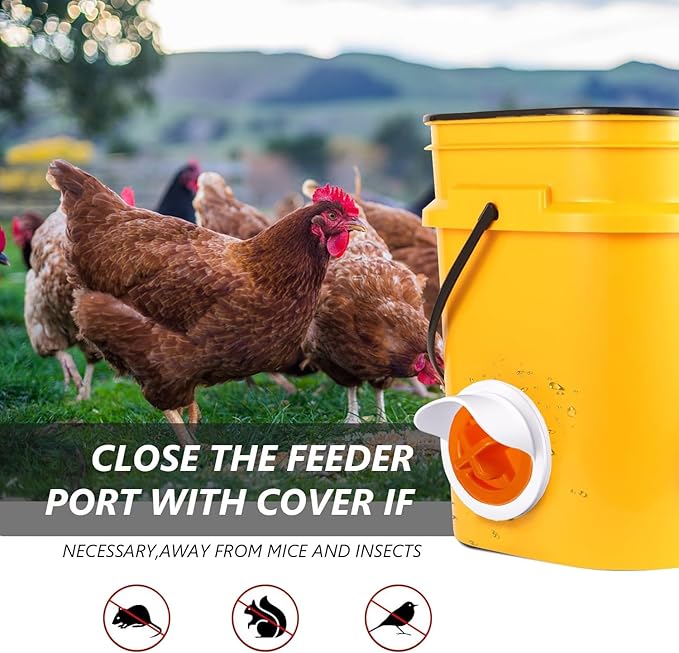 MAFONE DIY Chicken Feeder No Waste,Mess Cups Kit for Gravity Automatic Chickens Bucket Feeder Fit for Buckets, Barrels, Bins,Troughs,Rain Proof Poultry Feeder Port(4 White Orange Ports,1 Hole Saw)