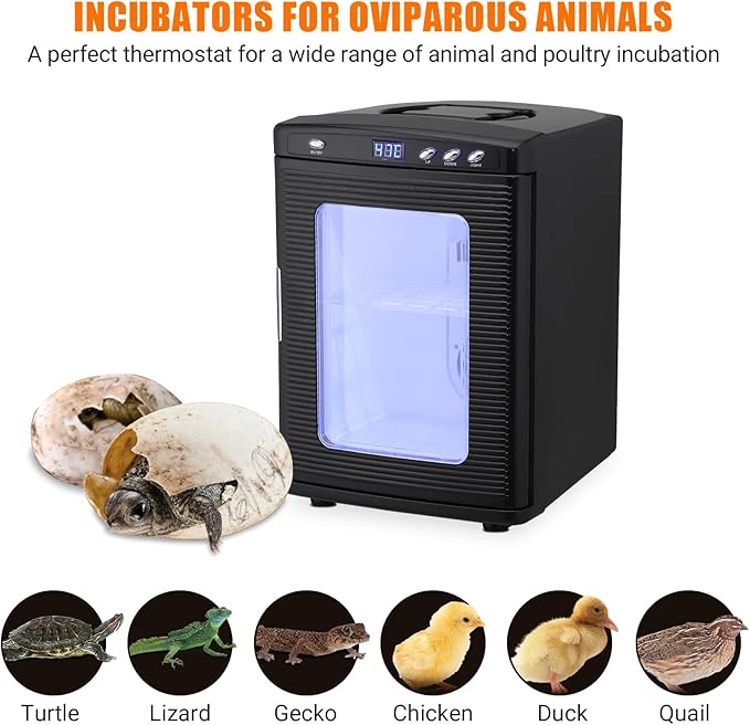 25L Egg Incubator for Hatching Eggs, Digital Reptile Incubator with Intelligent Temperature Control 10–60°C, Portable Chicken Quail Turtle Egg Hatching Incubator with LCD Display, Black