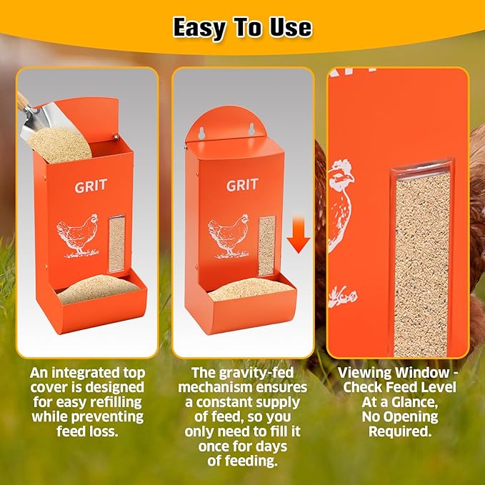 2Pack Automatic Chicken Grit & Oyster Shell Feeder with Rain Cover, Gravity-Fed Metal Poultry Feeder Trough for Coop, Outdoor Use