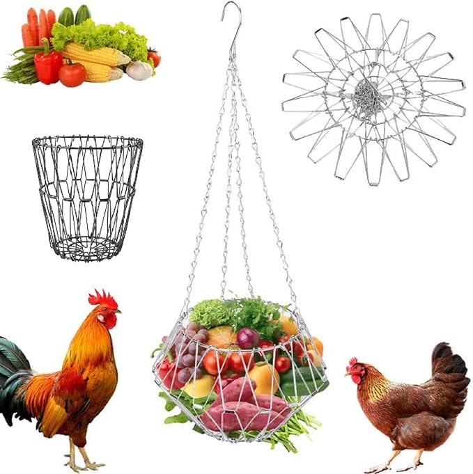 Chicken Vegetable Hanging Feeder, 9.2in Chicken Treat Dispenser, Foldable Chicken Toys for Coop with 4Pcs Hanging Stainless Chain, Veggie Treat Ball for Chicken,Hens,Duck,Rabbit, (1PCS)