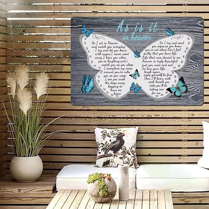As I Sit in Heaven - Butterfly Decor Metal Sign 8x12 Inch Bedroom Cafe Home Bar Pub Coffee Kitchen Bathroom Funny Wall Decor Art