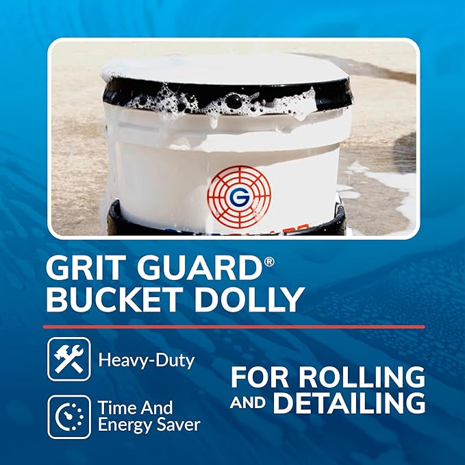 Grit Guard Bucket Dolly with Wheels - Rolling Detailing Wash Bucket with 5 Wheels and 2 Locking Casters Compatible with 2.5, 4, 5 and 6 Gallon Buckets (Blue, 3" Red Casters)