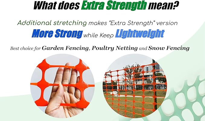PotatoLife Plastic Mesh Fence, Extra Strength 4'x100' Roll with 50 Zip Ties, Resuable Temporary Netting for Garden Fencing, Snow Fencing, Animal Barrier, Poultry, Deer, Dog, Construction, Orange