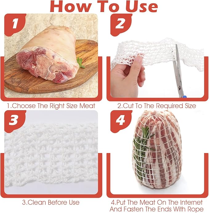 14.76 ft Meat netting, Size 18 Elastic Smoked Meat Food Net Poultry Ham Netting Kitchen Twine Cooking String for Cook Roasting Drying Meats Turkey Ham Sausage Making (White)