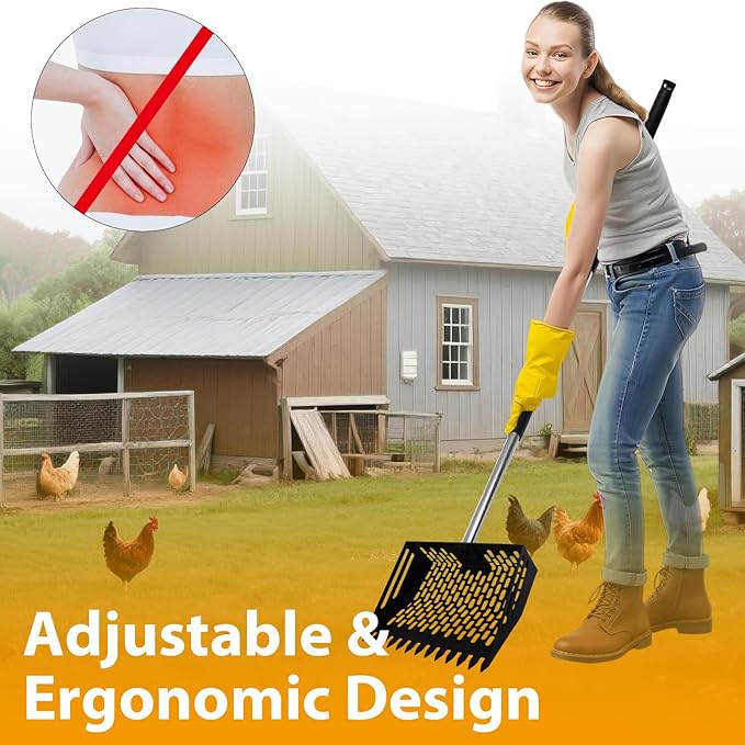 Chicken Poop Scooper & Rake,Metal Coop Scoop for Poop Sand with 35" to 62" Adjustable Stainless Steel Handle,Cleaning Supplies for Chicken Coops & Animals House