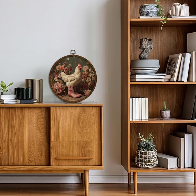 KLYTINK Whimsical Chicken Round Wall Art,Retro Floral Canvas Hanging Decor with Pink Cowboy Boots, Funny Farmhouse Animal Print for Kitchen, Entryway or Gift 10x10in (BY0636)
