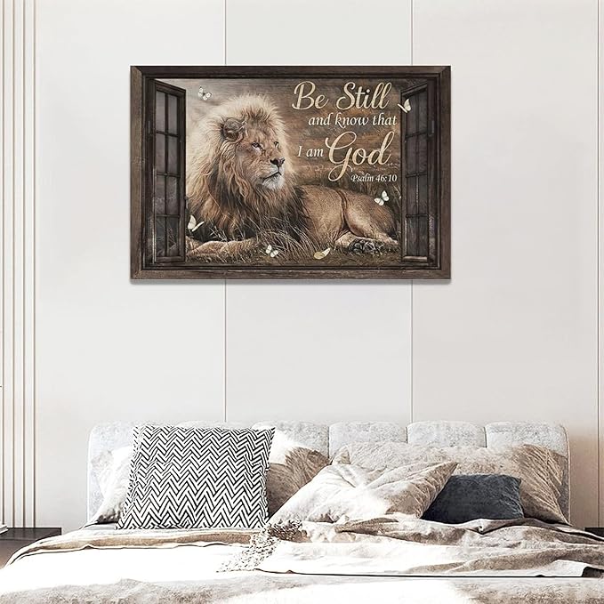 banonaty Lion Wall Art Rustic Farmhoues Christian Decor Of Judah Pictures Canvas Prints Artwork Inspirational Psalm Scripture Gifts Home Decorations For Bathroom Kitchen Office Framed 24''x16''