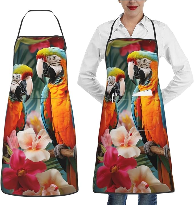 Kitchen Aprons for Men Women Waterproof Apron with 2 Pockets Tropical plants and parrots Apron Adjustable Bib Aprons