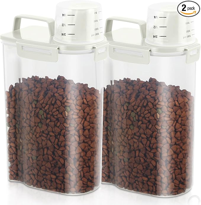 2 Pack 3 Lbs Dog Cat Food Storage Containers for Travel, Portable Pet Food Storage Container, Easy-Pouring Bird Seed Dispenser, Airtight Rice Cereal Oatmeal Flour Holder -Beige