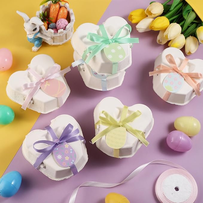 36 Pcs Easter Egg Cartons White Heart Shaped Egg Holder Natural Pulp Paper for Chicken Eggs with Macaron Color Label Ribbon for Easter Gift, Arts and Crafts Reusable (Cute)