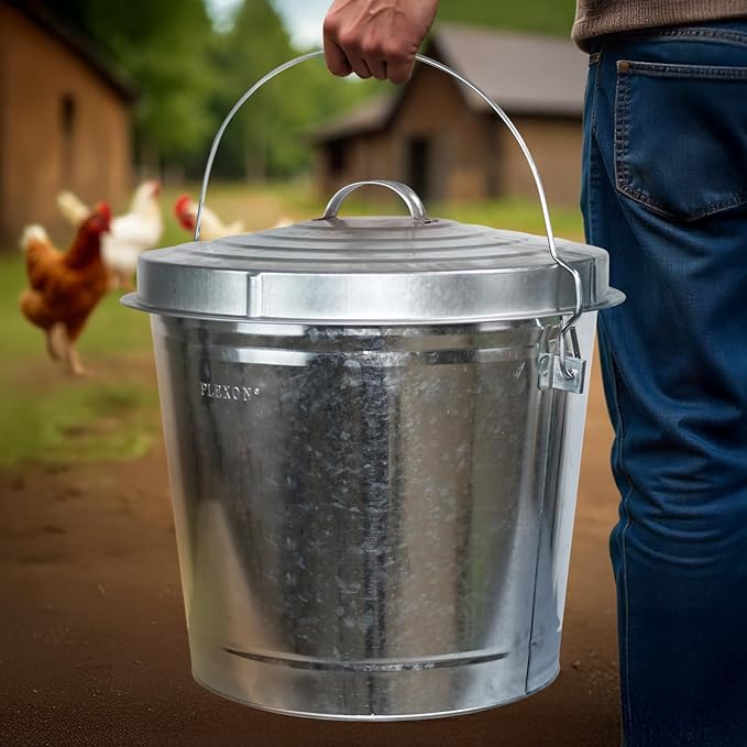 Plexon 6.6 Lb Poultry Feeder Stainless Steel Hanging Chicken Feeder no Waste Food-Grade with 10 Gallon Galvanized Storage Bucket with Locking Lid for Bird Seed Chicken Feed, Bundle
