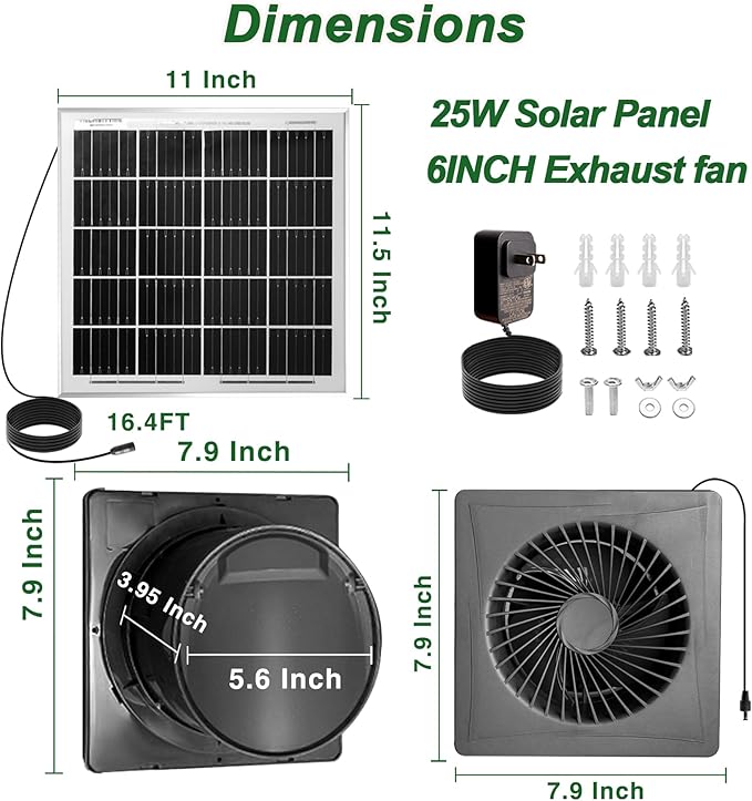 Solar Exhaust Fan – Compact for Small Spaces, Brushless Quiet 6" Ventilation Vent Fan, 25W Solar Panel with Bracket, Anti-Backflow Valve; for Chicken Coops, Pet Houses, Sheds, Greenhouses (Black)