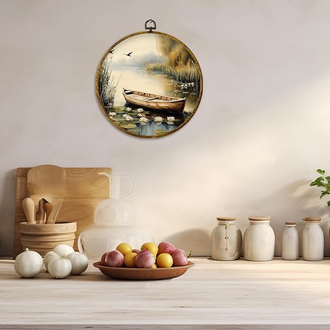 CUANFDDSF Vintage Rustic Farmhouse Round Wall Art, Nature Rowboat on Pond Framed Hanging Wall Decor, Cottagecore Lakeside Landscape Canvas Prints Decorations for Home Bedroom Living Room, 10x10 Inch
