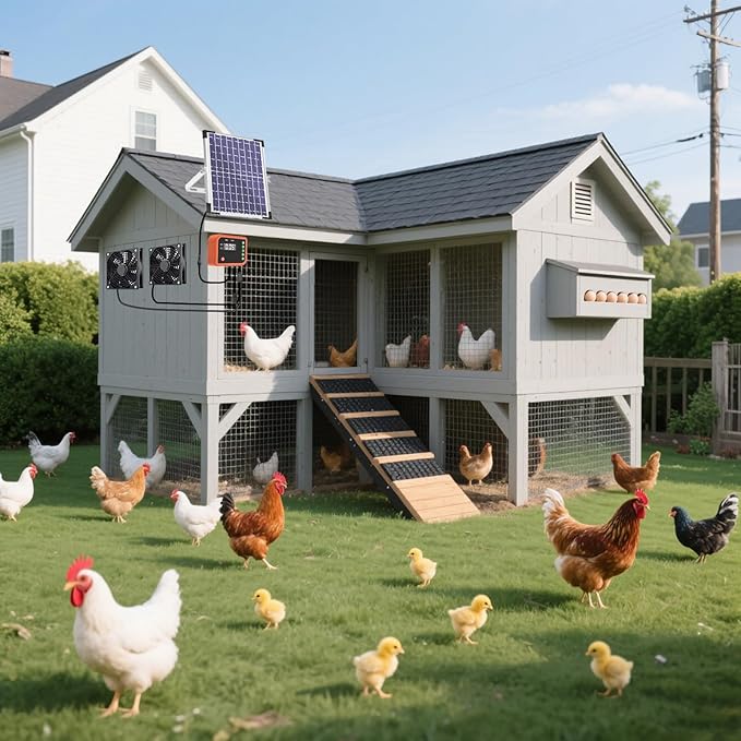 Lewisia 10W Solar Powered Fan with Timer & Temperature Control IPX5 Weatherproof Dual Fan Solar Exhaust Intake Cooling Ventilation for Chicken Coop Greenhouse Shed Pet House Garage