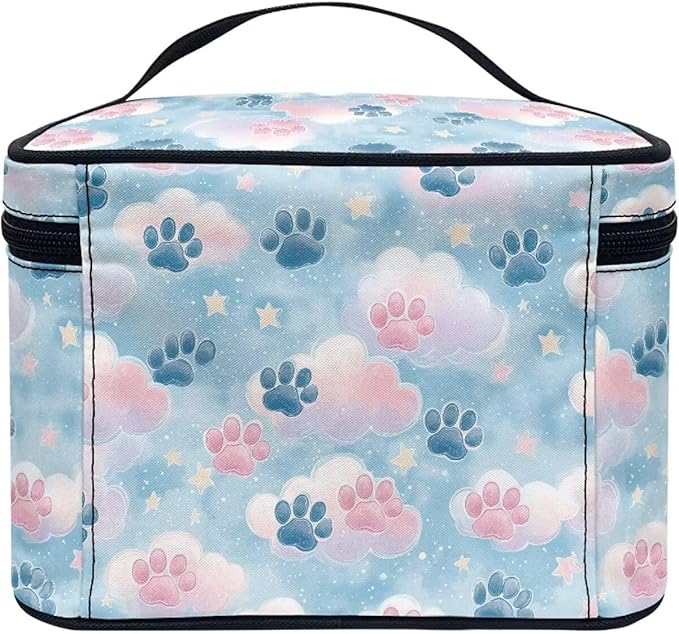 Travel Makeup Bags for Women Portable Tote Cosmetic Case with Carry Handle Toiletry Accessories Storage Organizer Bags for Valentine's Day, Cute Paws Blue