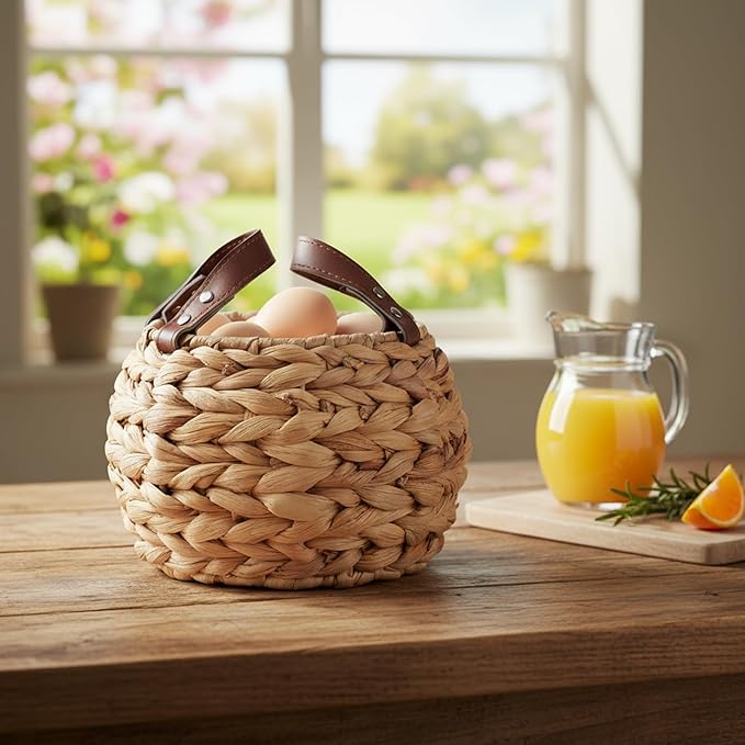 Farmhouse Egg Basket, Water Hyacinth Egg Collecting Basket,Round Wicker Basket with Handle,Large Capacity and Carrying Fresh Eggs,Egg Holder Countertop Cottage Decor for Kitchen