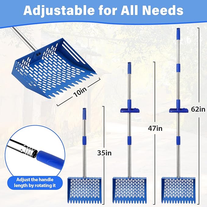 Chicken Poop Scooper, 10 Inch 2 in 1 Stainless Steel Sand Sifting Shovel & Rake with 35" to 62" Adjustable Length, Durable Litter Cleaner with Detachable Handle for Chicken Coop Farm Animal(Blue)