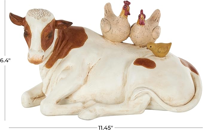 Deco 79 Polystone Cow Sleeping Sculpture with Sitting Roosters and Chicks, 11" x 6" x 6", Cream