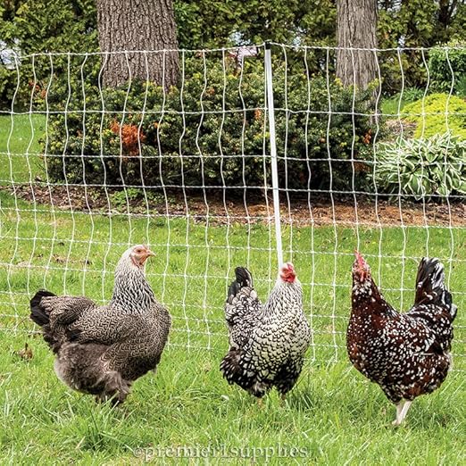 Premier 1 PoultryNet® Plus, 48"H x 100'L Electric Fence Starter Kit | Extra Line Posts to Reduce Sag | Includes: Solar Energizer, FiberTuff™ Support Posts and Tester | White/Black