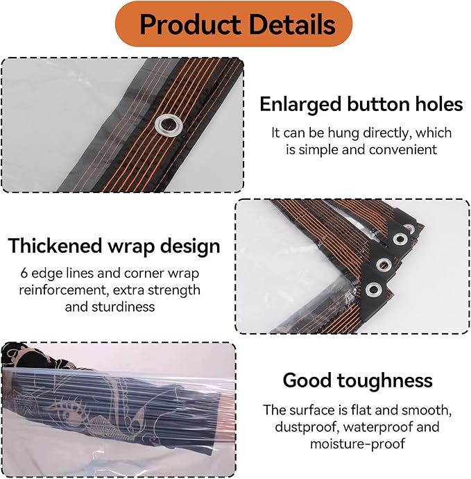 Klmnop Heavy Duty Waterproof 8x10FT Clear Vinyl Tarp with Grommets and Bungee Cords - Transparent Plastic Tarpaulin Cover for Greenhouse, Garden, Chicken Coop, Patio Enclosure
