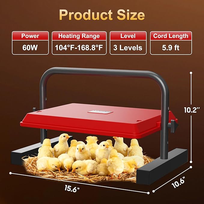 Chick Heat Plate, 15" x 10"Large Brooder Heating Plate for Poultry, Safe Chicken Brooder Heater, Chick Warmer, 60W, 3 Levels, Fast & Even Heating, 3 Adjustable Height/Angle, Energy-Saving