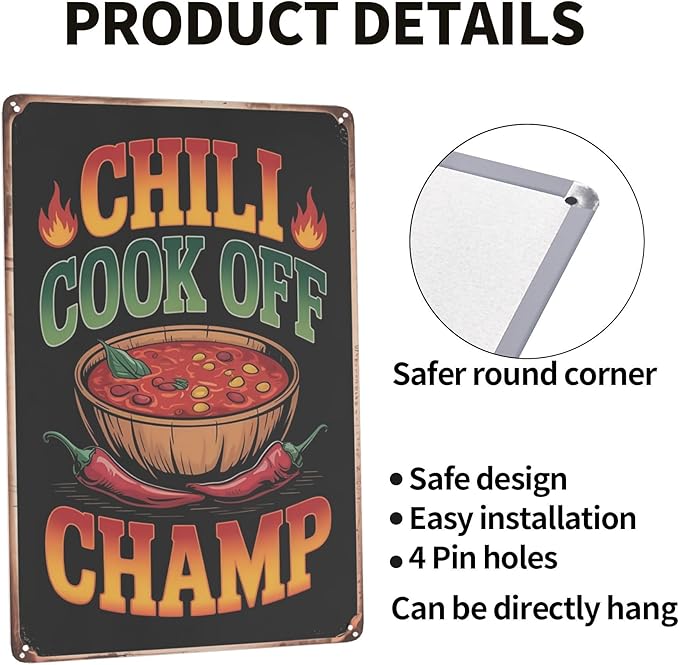Novelty saying wall decor featuring Chili Cook Off Champ Cooking Spicy Texan Bowl O Red Southern Metal Tin Sign Kitchen Bar Decor Perfect For Hanging In 8x12 inch metal sign for home office wall