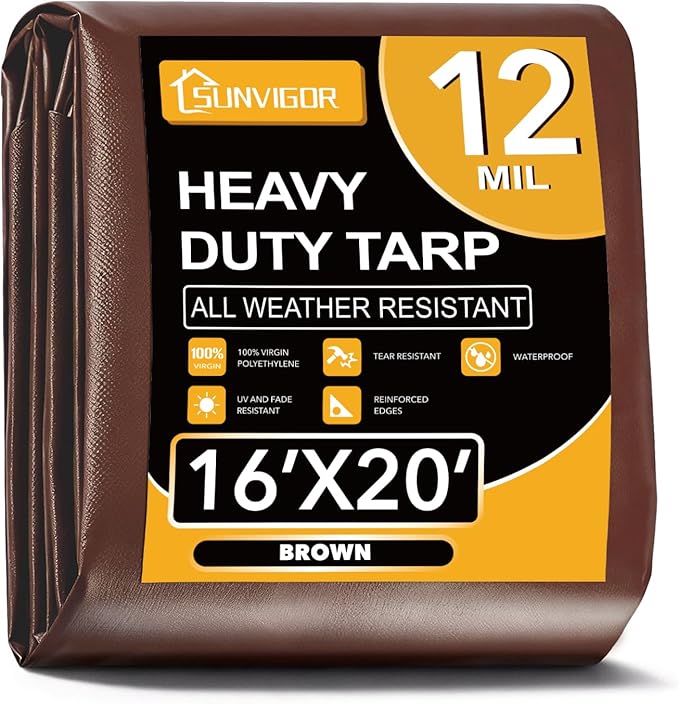 Sunvigor Tarp Waterproof 16x20Ft, Extra Thick 12 Mil Heavy Duty Tarp Cover, Tear & Fade Resistant, Outdoor Tarps with Brass Grommets and Reinforced Edges for Roof, Camping, Patio, Boat (Brown)