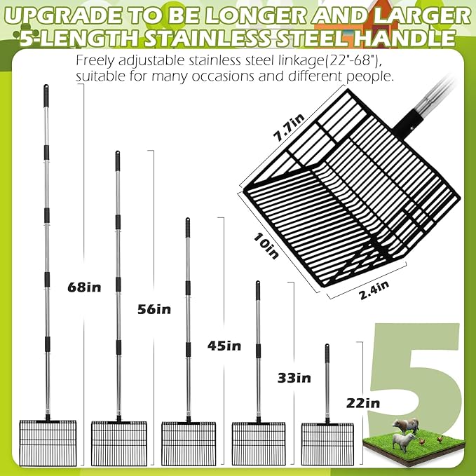 EXPAWLORER Large Chicken Poop Scooper, Adjustable Pet Coop Rake with Stainless Steel Long Handle, Heavy Duty Litter Sifting Sand Sifter Shovel Cleaning Tool Cat Chicken Coop Accessories (22"-68")