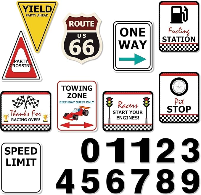 WERNNSAI Race Car Birthday Party Decorations - 10PCS Funny Car Party Signs Decorations for Boys Kids Racing Birthday Supplies Racing Cars Route 66 Sign for Birthday Anniversary Home Yard Wall Decor