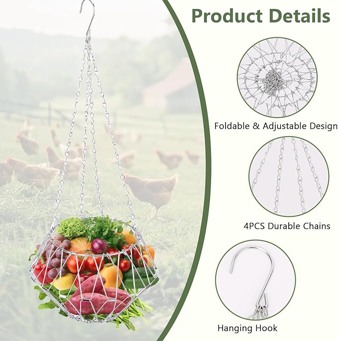 Chicken Vegetable Hanging Feeder, 9.2in Chicken Treat Dispenser, Foldable Chicken Toys for Coop with 4Pcs Hanging Stainless Chain, Veggie Treat Ball for Chicken,Hens,Duck,Rabbit, (1PCS)