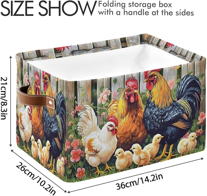 ALAZA Rooster Chicken Hen Garden Farm Storage Basket Large Foldable Canvas Storage Bin with Handle Rectangular Decorative File Box Fabric Boxes for Shelf Closet, 1 Pack