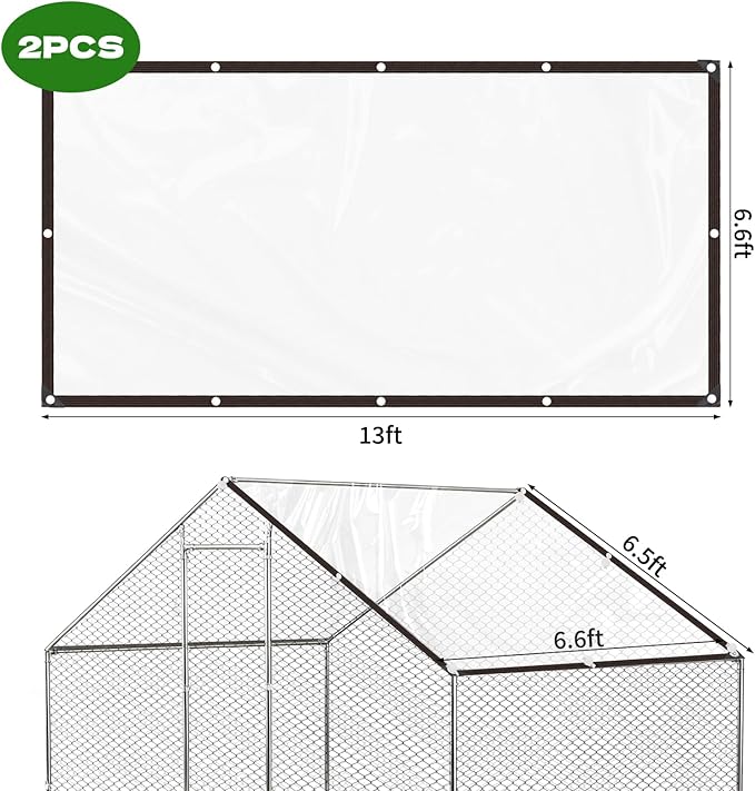 2 PCS 6.6x13 Ft Chicken Coop Covers with 10 Pcs Ball Bungees Cords Transparent Waterproof Material Protection from Sun Rain Snow and Low Temperature
