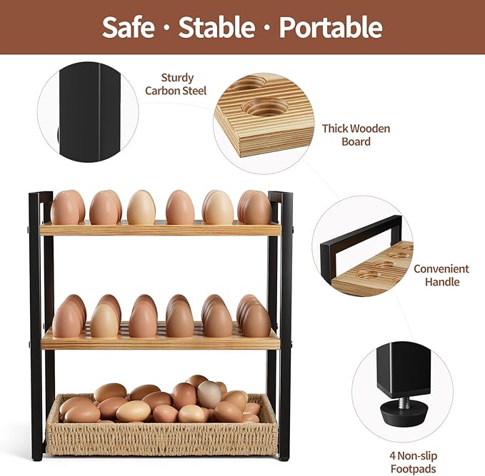 Nuovoware 3-Tier Egg Holder Countertop with Basket for 48+60 Eggs, Wooden Egg Basket with Carry Handle Gathering 100+ Fresh Quail, Duck, Turkey, Chicken Eggs, Kitchen Storage Home Farmhouse Decor